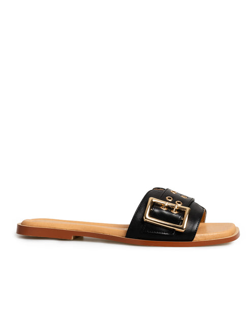 Sandalia Plana Negra Mule Hebilla 884